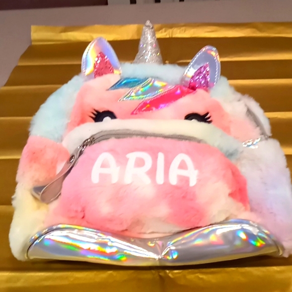 Unicorn mini backpack with name ARIA printed on the front.  Adoreable NWT - Picture 2 of 3